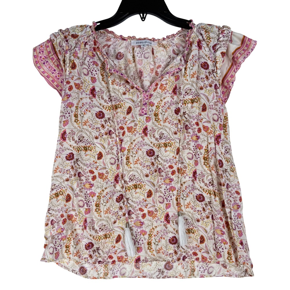 Rose + Olive Floral Blouse Womens Small Pink Orange Tassel Boho Cottagecore Top